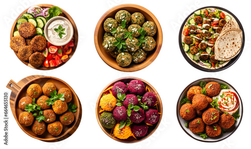 Set of falafels balls on a wooden plate isolated transparent background.