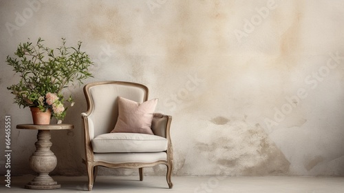 Retro style chair against the background of a concrete wall, decorated furniture element in the room