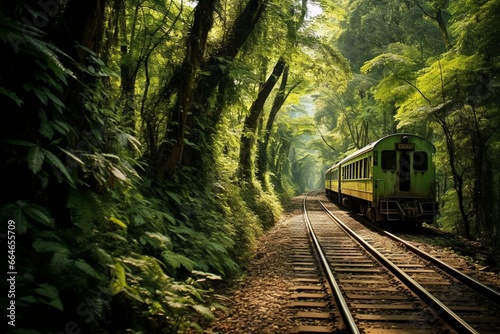Scenic train journey through lush forest: trees, tracks, landscapes. Generative AI