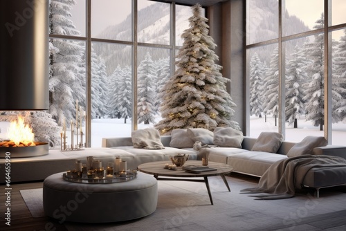 Glamorous Winter Living Room with Panoramic Snowy View, Grand Christmas Tree, Cozy Fireplace, and Linen Seating Arrangement