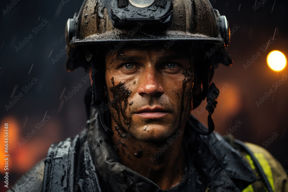 A portrait of a firefighter, their uniform smeared with soot, highlighting their dedication to saving lives. Generative Ai. A portrait of a firefighter, their uniform smeared with soot, highlighting their dedication to saving lives. Generative Ai.