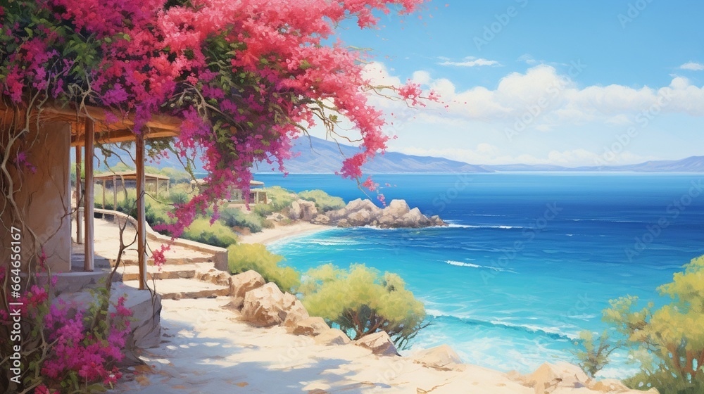 vibrant hues of a bougainvillea bush, which thrives in the backdrop of a secluded beach, showcasing the riot of colors in the heart of paradise.