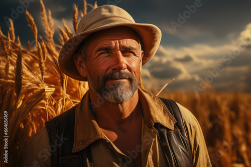 A portrait of a farmer in a sun-drenched field, representing the connection between people and the land. Generative Ai.