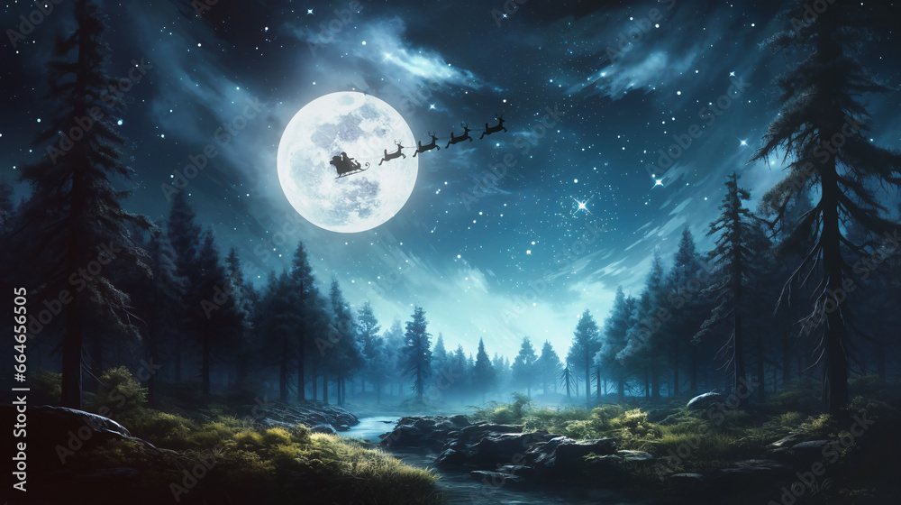 beautiful landscape of a forest with the full moon and santa claus flying on his sleigh on christmas night - obrazy, fototapety, plakaty 