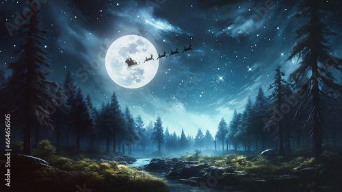 beautiful landscape of a forest with the full moon and santa claus flying on his sleigh on christmas night © Jess rodriguez