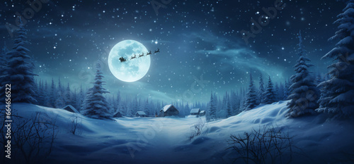 Tablou canvas beautiful landscape of the north pole with full moon and santa claus flying on h