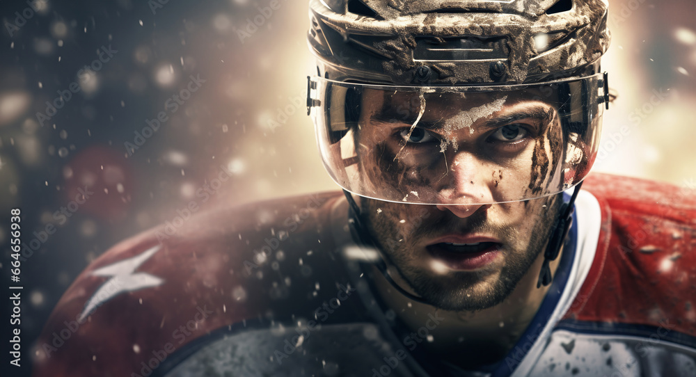 Close portrait of a hockey player in a colorful dynamic background