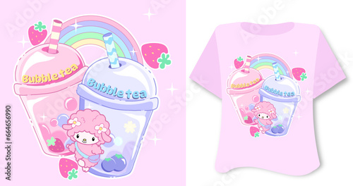 Kawaii sweet animal cute animal on pink background for t shirt . Inspirational quote card, invitation, banner, lettering, poster. Cartoon character happy  tee preschool bubble tea 