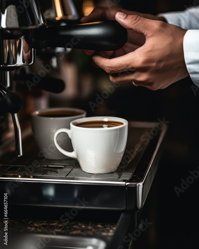 Barista pouring coffee into an empty white coffee cup from a modern espresso machine