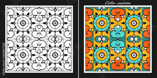 An original fairy-tale ornament with a decorative lattice for coloring. Plus a color option. Vector illustration