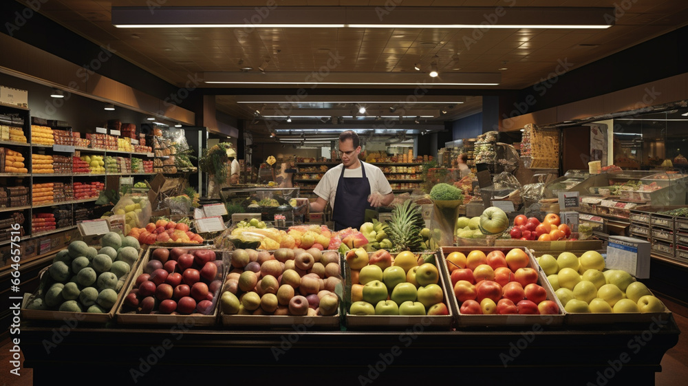 full length portrait with shopping cart full of fruits and fruits