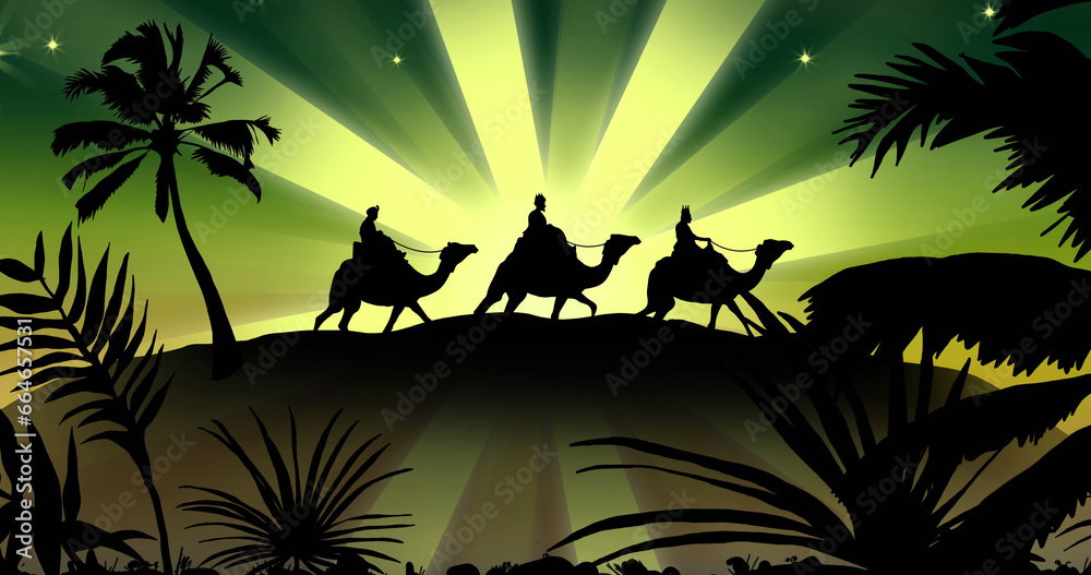 Fototapeta premium Composition of three wise men on camels over palm trees on green background