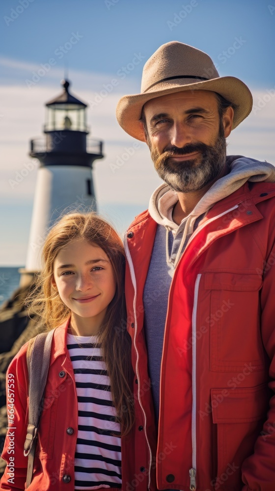 Father and daughter in front of the lighthouse on the beach Father and daughter in front of the lighthouse on the beach