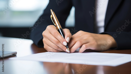 businesswoman in a white suit writing a contract in the form of a pen.