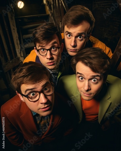 Top view of four men dressed in vintage style with glasses