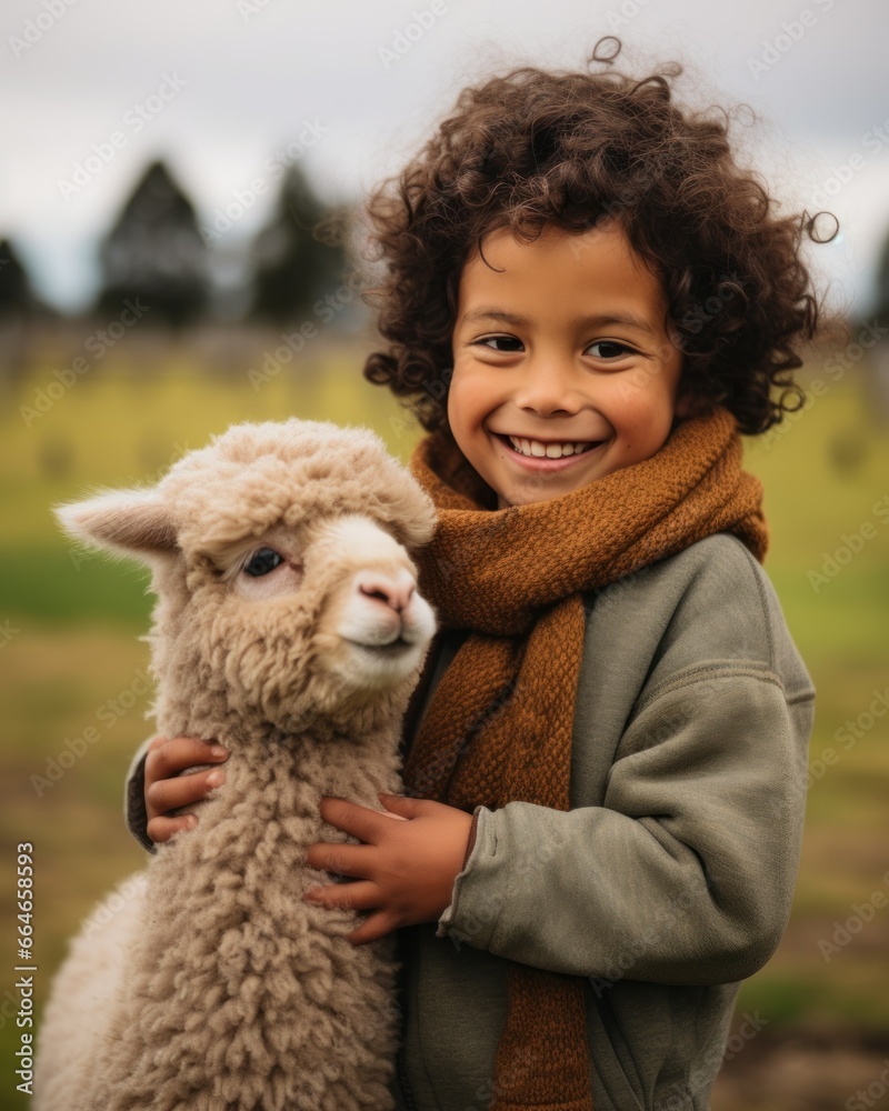 A child hugging an alpaca A child hugging an alpaca