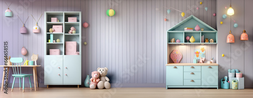 little children boys or girls bedroom furniture interior design with toys and colorful cabinets, empty blank wall with copy space as wide banner mockup for daycare and kindergarten