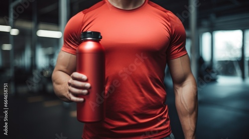 A man firmly holding a blank metallic sports drink bottle near a gym setup photo