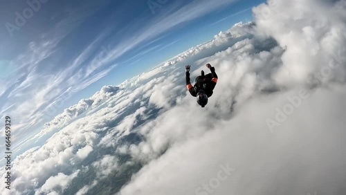 Cloudy Adventure: Skydiver Executes Backward Descent in Angle Fly