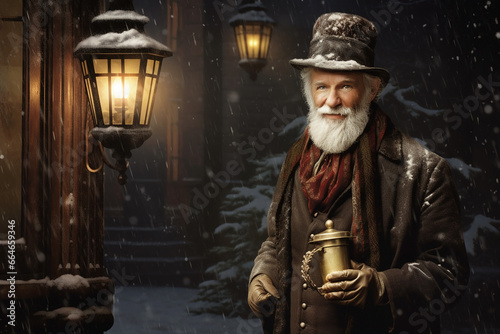 An artistically rendered image features an old man in the traditional, old Christmas style, capturing the nostalgic flair reminiscent of characters from classic holiday tales.