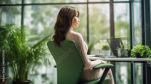 back view of young businesswoman in office. © Vahagn