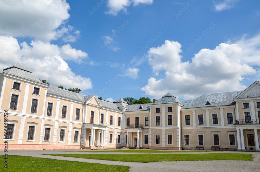 Beautiful view of Vyshnevetsky family palace in small village Vyshnivets, Ternopil region, Ukraine. Popular ukrainian travel destination