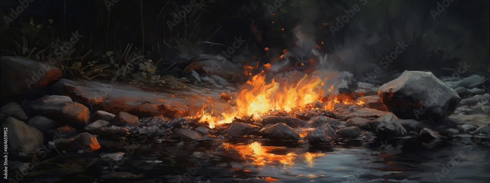 Fototapeta premium fire, flames, blaze, inferno, combustion, heat, warmth, ignition, kindle, conflagration, ember, incinerate, scorch, pyre, flare, bonfire, wildfire, spark, hearth, incendiarism, generative ai