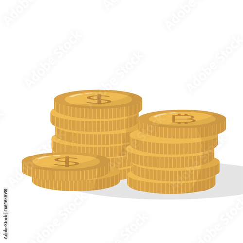 Flat cartoon coins pile. Golden coin dollar, bitcoin, stack, pile of coins, jackpot, gold treasure prize, cash coin piles isolated on white background. Gold money heap, gambling or banking concept