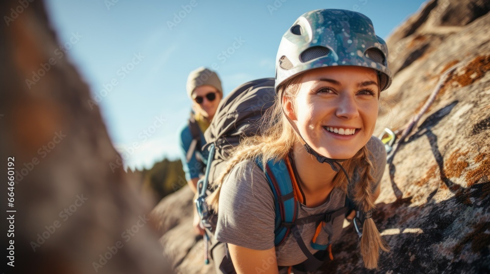 Two adventurous girlfriends taking a break while climbing the mountain