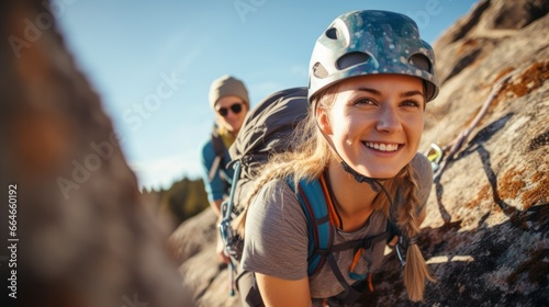Two adventurous girlfriends taking a break while climbing the mountain