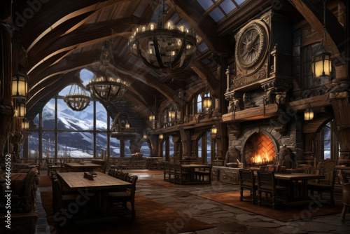 Interior of a Great Hall, Snow-covered Mountains can be seen through large Windows in the Background