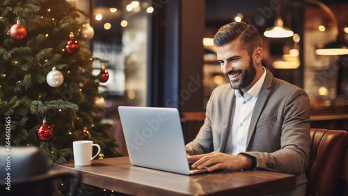 young man using laptop and drinking coffee in cafe