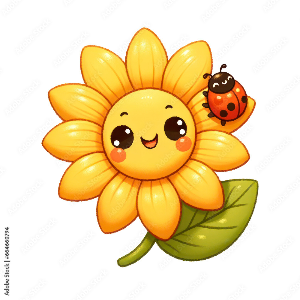 Cheerful sunflower with a cute smiling face. Its golden-yellow petals radiate joy and warmth. A tiny ladybug is perched on one of its leaves, waving hello. Isolated background. Cartoon Cute Png.