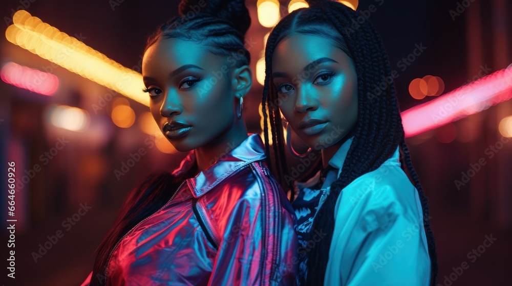 Two stylish African American girls looking attractive in vibrant outfits with neon lights on downtown street Two stylish African American girls looking attractive in vibrant outfits with neon lights on downtown street