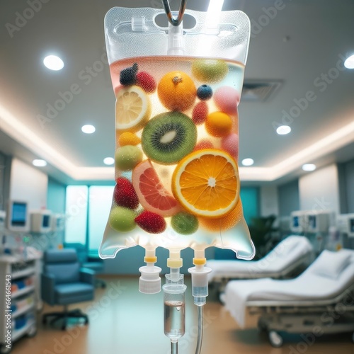 In a well-lit clinical room, an IV drip bag filled with vitamin infusion therapy saline is showcased. The saline inside the bag has hues of tropical fruits.. 
 Generative AI photo