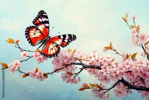 Butterfly on cherry branch; blooming spring background. Generative AI