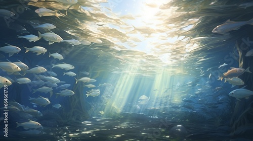 A mesmerizing underwater scene of a massive school of silver fish gliding through crystal clear waters, catching the sunlight in their scales.