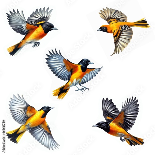 A set of male and female Orchard Orioles flying isolated on a white background