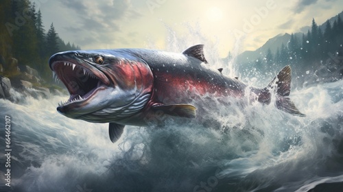 A stunning snapshot of a magnificent anadromous salmon leaping upstream through a pristine river, showcasing its incredible journey.