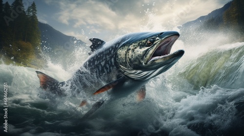 A stunning snapshot of a magnificent anadromous salmon leaping upstream through a pristine river, showcasing its incredible journey.