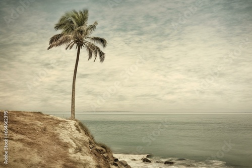 Palm tree stands near coastline. Generative AI