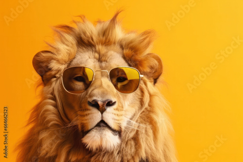 The king of the jungle takes on a new level of cool with his trendy sunglasses and bold style. Against a vibrant yellow backdrop  he exudes confidence and power. AI Generative.