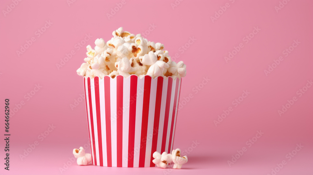 Popcorn in striped paper box on pink background Popcorn in striped paper box on pink background