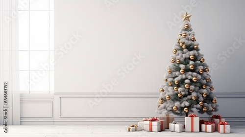 christmas tree, presents and decoration in empty living room. generative ai © Witri