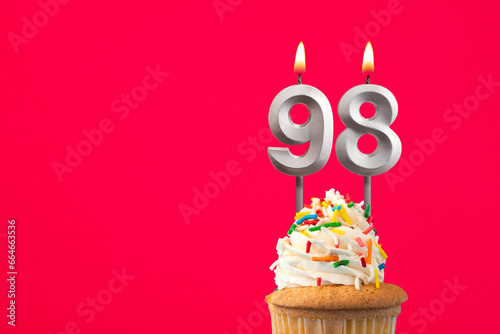 Horizontal birthday card with cake - Burning candle number 98