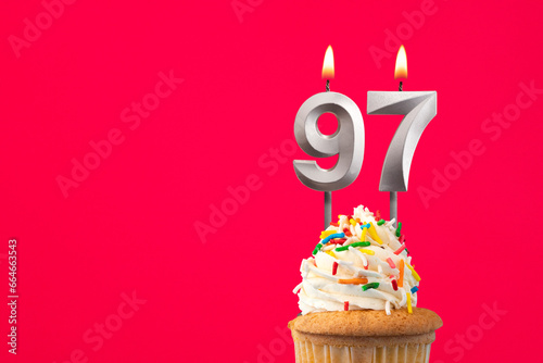 Burning candle number 97 - Birthday card with cake