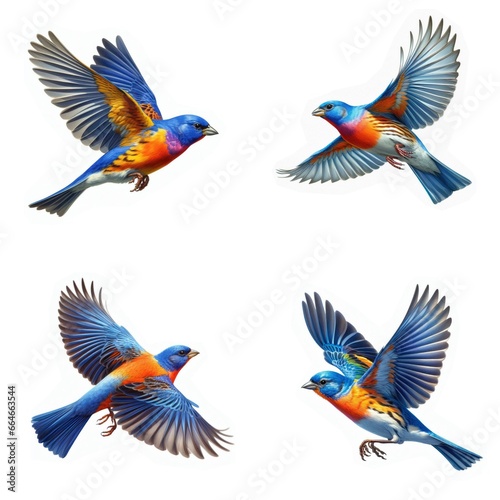 A set of male and female Painted Buntings flying isolated on a white background