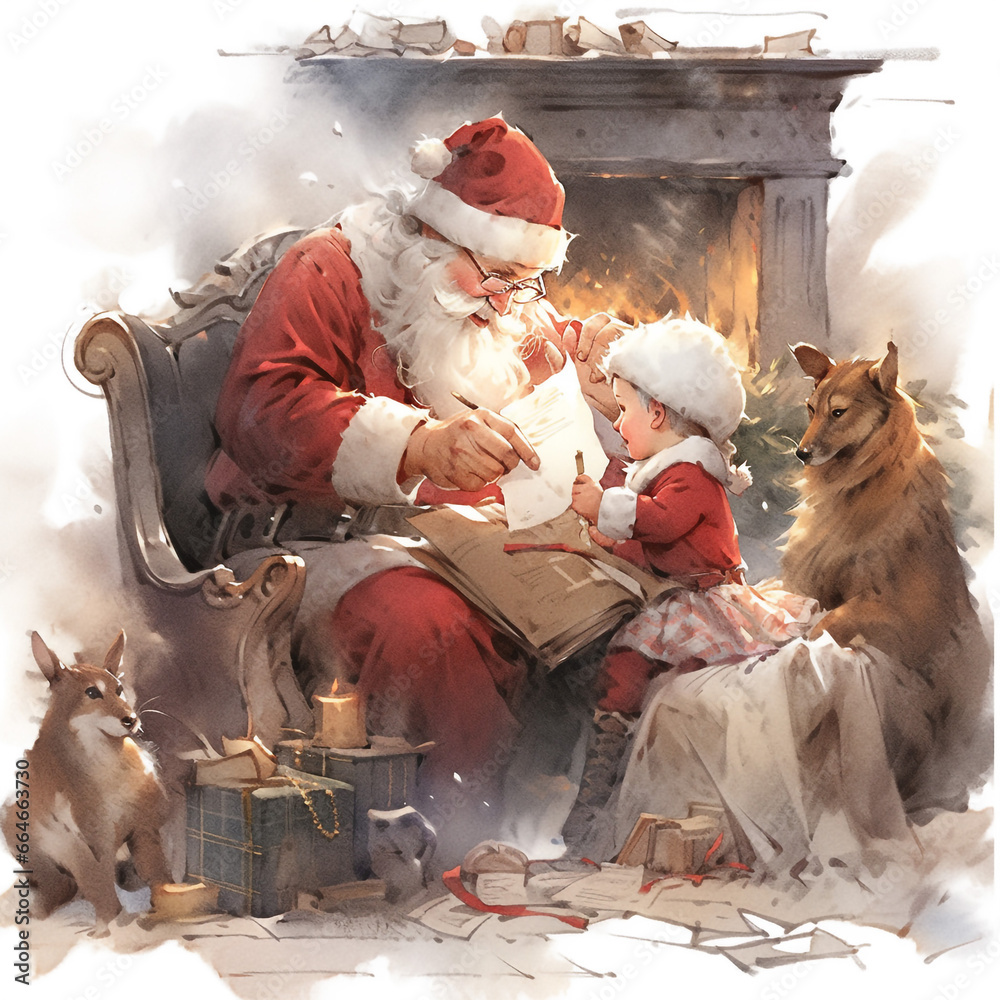 Santa Claus sitting by a fireplace, attentively reading a letter written by a child.