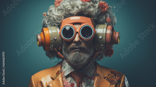 An artistically abstract retro portrait of a person with colorful glasses and vintage headphones creates a nostalgic connection to the past, bridging the old and new worlds of music and technology. © mimi