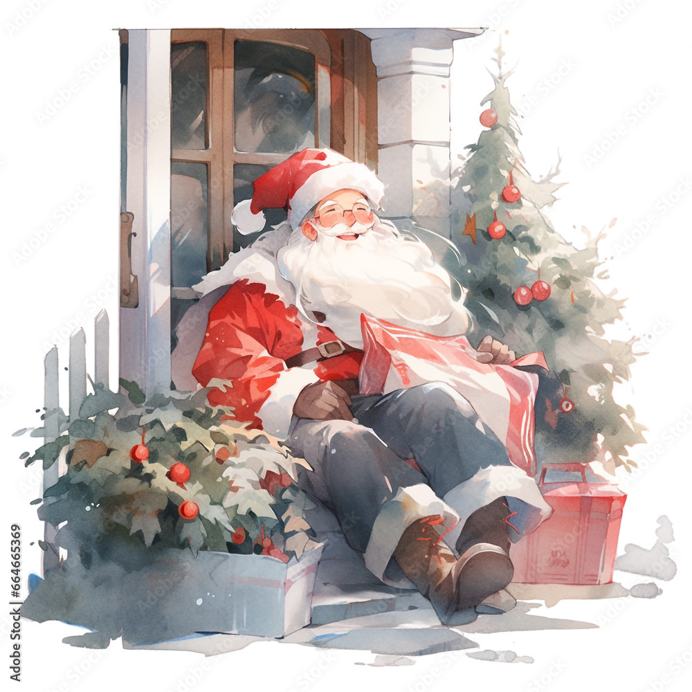 Santa on the doorstep of a house, leaving gifts under the tree - obrazy, fototapety, plakaty 